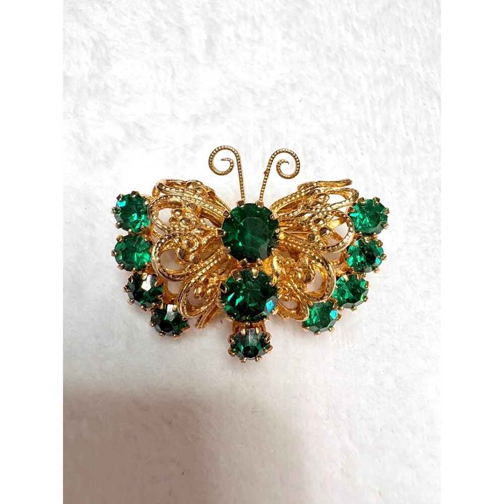 Petite Mid‑Century Gold‑Tone Filigree Butterfly Brooch with Green Rhinestones